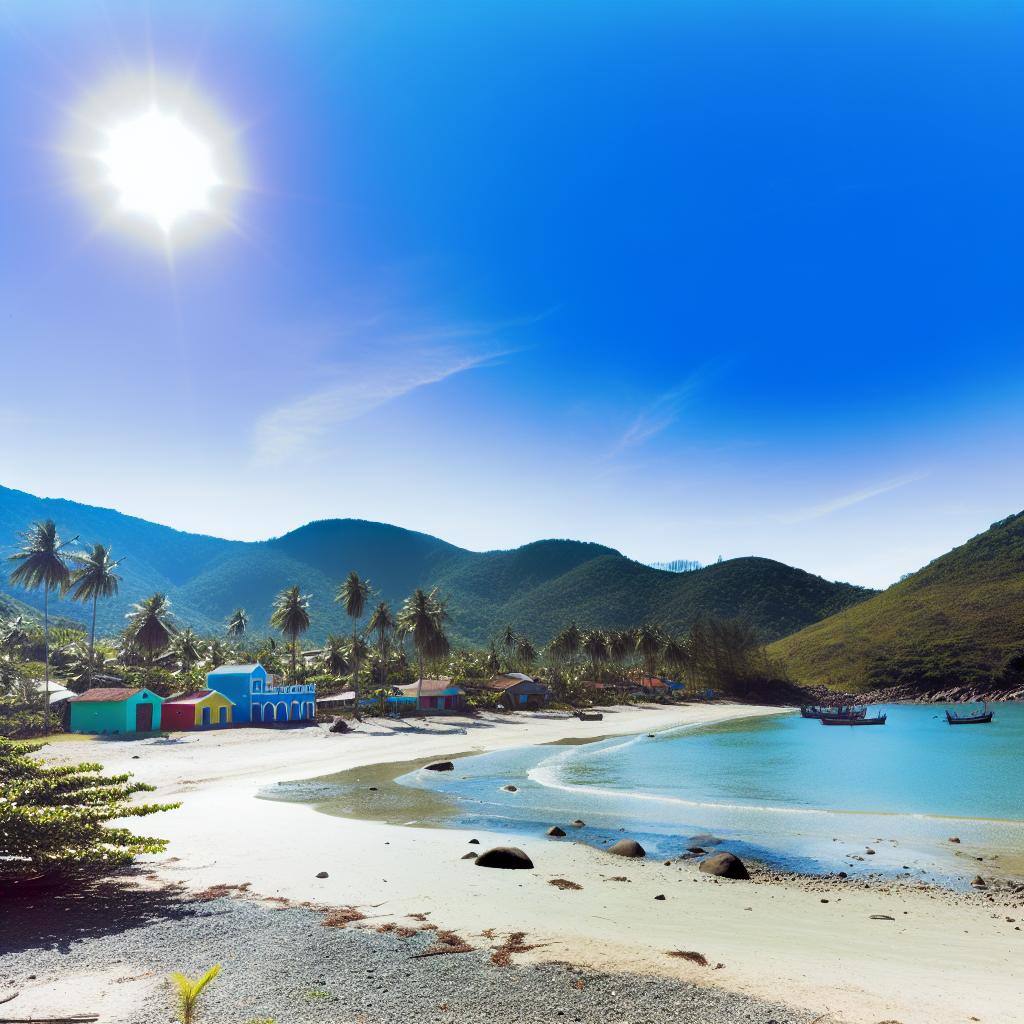 Una playa de aguas cristalinas rodeada de palmeras y montañas, con coloridas casitas de pescadores a lo lejos y el sol brillando en lo alto del cielo azul.